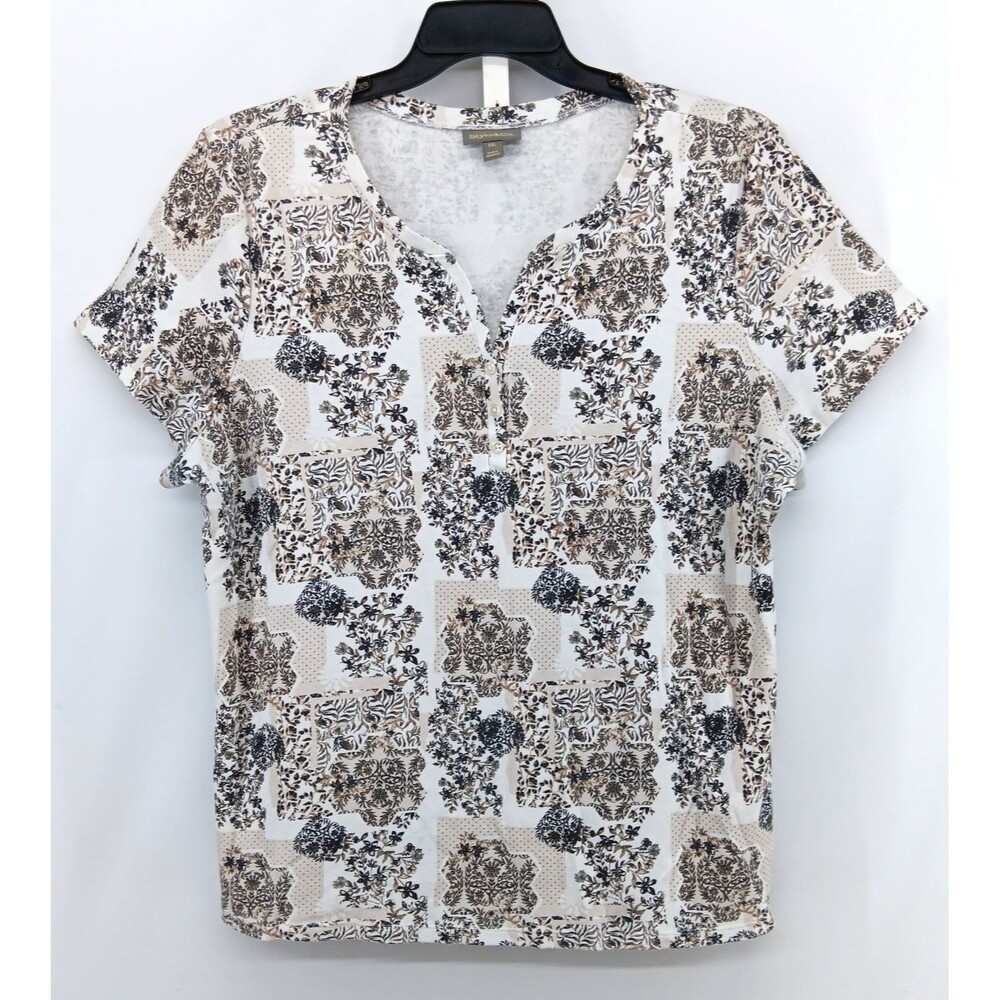 Style & Co Shirt Womens Plus Size XXL White Floral Short Sleeve Split V Neck Top